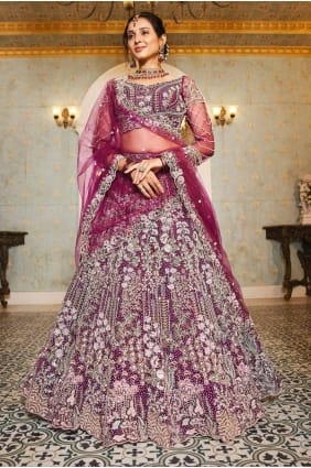 burgundy bridal lehenga choli in net with embroidered LC8266
