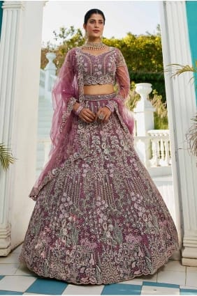 net bridal lehenga choli in lavender with embroider LC8267