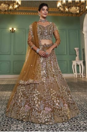 embroidered bridal lehenga choli in mustard net LC8269