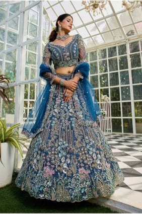 blue net embroidered bridal lehenga choli with dupatta LC8270