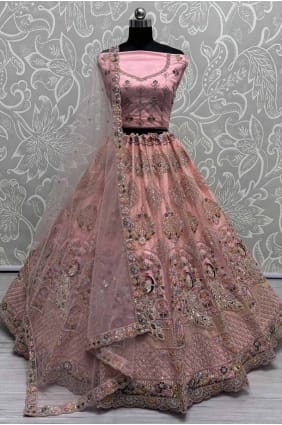 peach embroidered net bridal lehenga choli LC8273