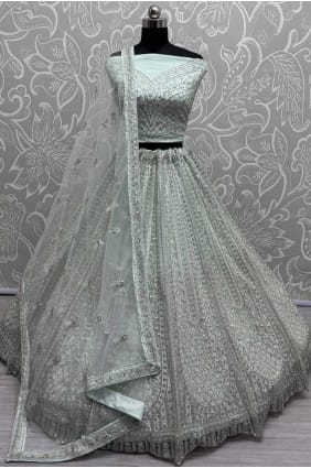 stone with moti net bridal lehenga choli in aqua LC8278