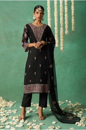 salwar kameez noir brodé en organza pour l'Aïd SK155171