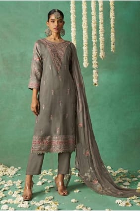 salwar kameez gris en organza brodé avec dupatta pour l'Aïd SK155172