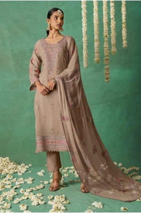 Salwar Kameez beige de l'Aïd en organza brodé SK155173