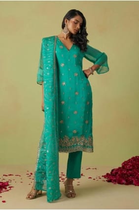 Organza Vert d’Eau Aïd Salwar Kameez en brodé SK155175