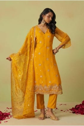 Salwar Kameez jaune en organza brodé SK155176