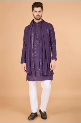 Viscose brodée Hommes Kurta en marron avec dupatta KURR447