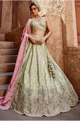 choli lehenga pêche en satin avec broderie LC8383