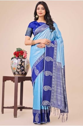 sari en soie bleu ciel avec tissage SR28462