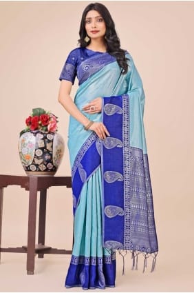 sari tissé bleu sarcelle en soie SR28466