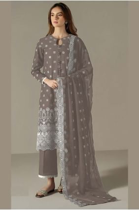 Tailleur pantalon droit gris en fausse georgette avec broderies SK155599