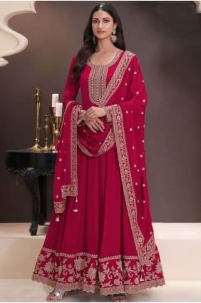 Costume Anarkali rouge en mousseline brodée AS4084