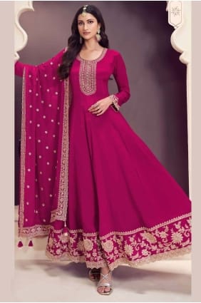 Costume Anarkali rose brodé en mousseline avec dupatta AS4086