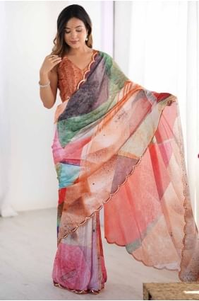 Sari multicolore avec mousseline de soie miroir SR28514