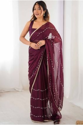 Sari en mousseline rouge à paillettes SR28524