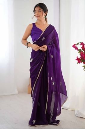 Sari en soie violet à paillettes SR28527