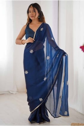 Sari bleu en soie à paillettes SR28528