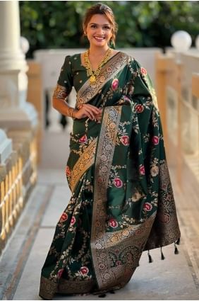 Sari en soie Banarasi brodé vert SR28536