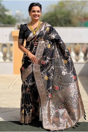 Sari en soie Banarasi avec broderies noires SR28537