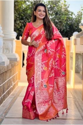 Sari en soie rouge Banarasi avec broderie SR28538