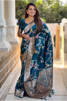 Sari en soie Banarasi brodé en bleu SR28540