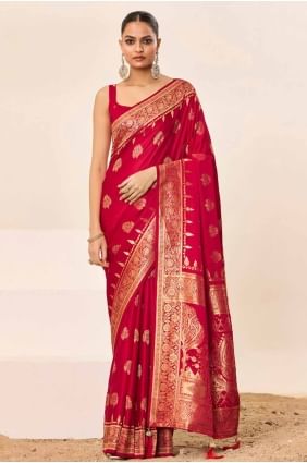 Sari en soie rouge avec broderie SR28553