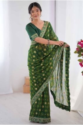 Sari vert en dentelle georgette SR28556
