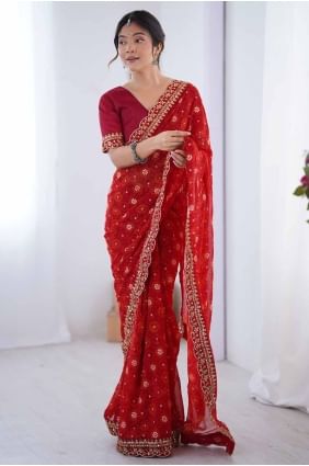 Sari en georgette avec dentelle rouge SR28558