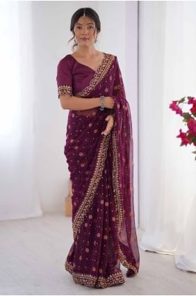 Sari en dentelle georgette couleur bordeaux SR28559