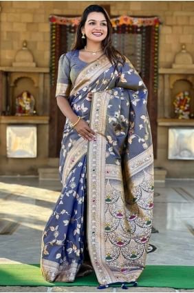 Sari en soie Banarasi gris avec broderie SR28563