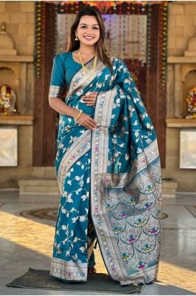 Saree bleu sarcelle en soie Banarasi en broderie SR28564