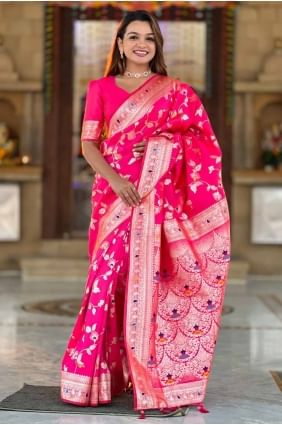 Sari en soie Banarasi avec broderie rose SR28570
