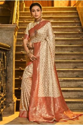 Sari en soie Banarasi brodé rouge avec chemisier SR28578