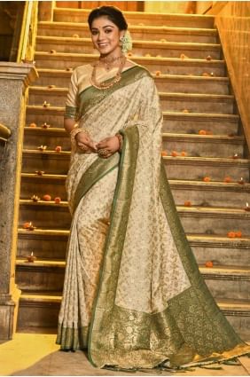 Sari en soie Banarasi avec broderie en vert foncé SR28579