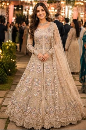 Ensemble Anarkali en filet beige avec broderies AS4359
