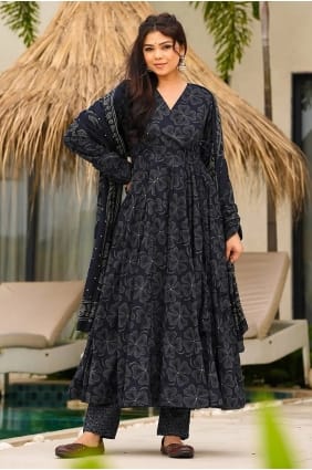 Salwar Kameez bleu imprimé en mousseline avec dupatta AS4316