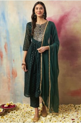 Ensemble Anarkali vert avec broderies en coton AS4331