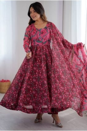 Ensemble Anarkali multicolore en organza imprimé avec dupatta AS4162