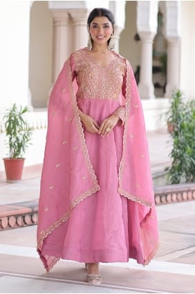 Costume Anarkali rose scintillant à paillettes AS4307