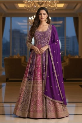 Kurta Anarkali en georgette synthétique violette avec broderies AS4347
