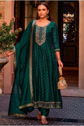 Costume Anarkali Rama en soie avec broderies AS4134