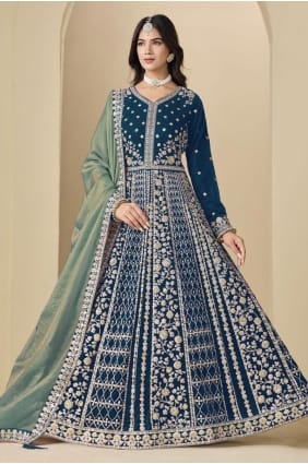 Ensemble Anarkali bleu sarcelle avec velours brodé AS4194