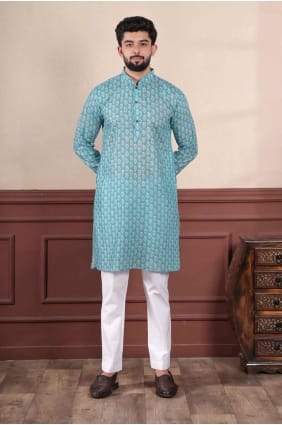 Aqua Blue Men Kurta en lin avec impression numérique KURR474