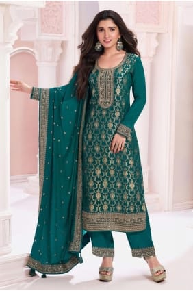 Salwar Kameez vert aqua de l'Aïd en jacquard avec broderies SK155128