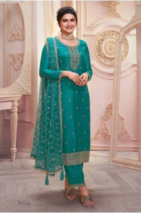 tailleur pantalon droit brodé en georgette vert aqua avec dupatta SK155117