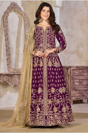 Anarkali brodée en soie artificielle violette AS4141