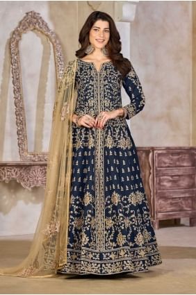 Ensemble Anarkali bleu avec broderies en soie artificielle AS4142