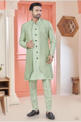 art silk pista men kurta in embroidered KURR435