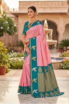 Sari en soie brodée rose pâle SR30201